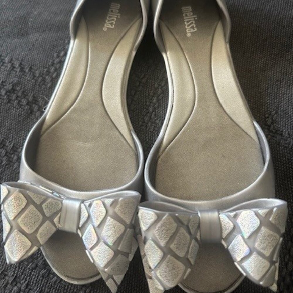 Melissa Silver Flats with Bow Accent
